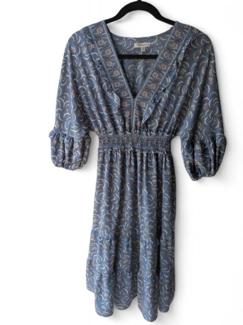 Max Studio Blue Floral V-Neck Smocked-Waist Midi Dress